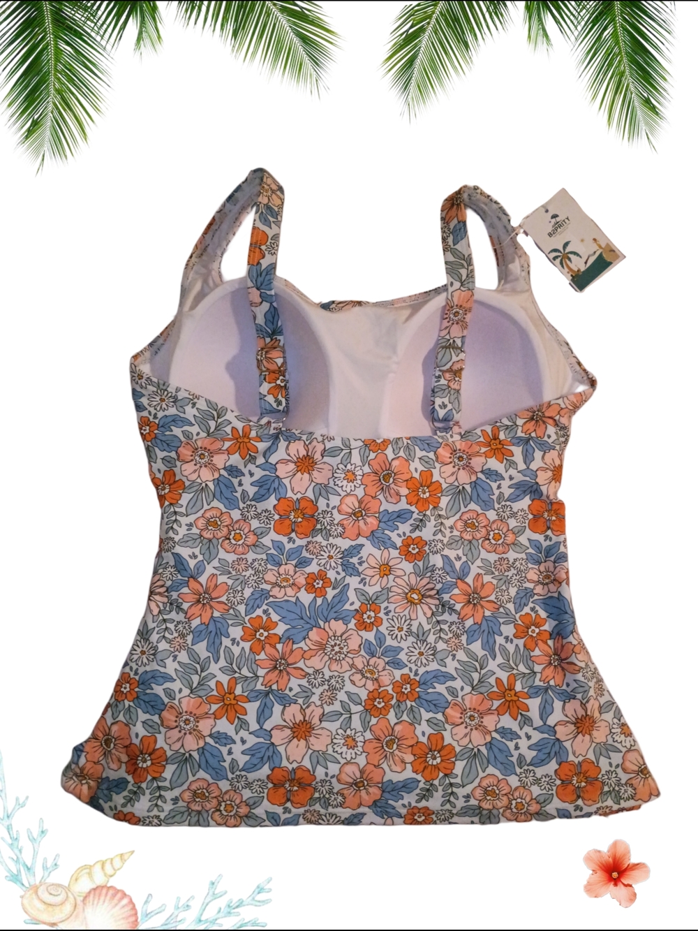 Floral Ruched Tankini Swimsuit Coral & Blue - Picture 4 of 6